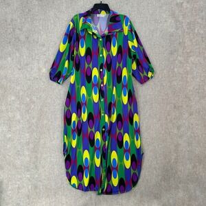 Karen T Design Abstract Geometric Print Button Front Shirt Dress Midi OS